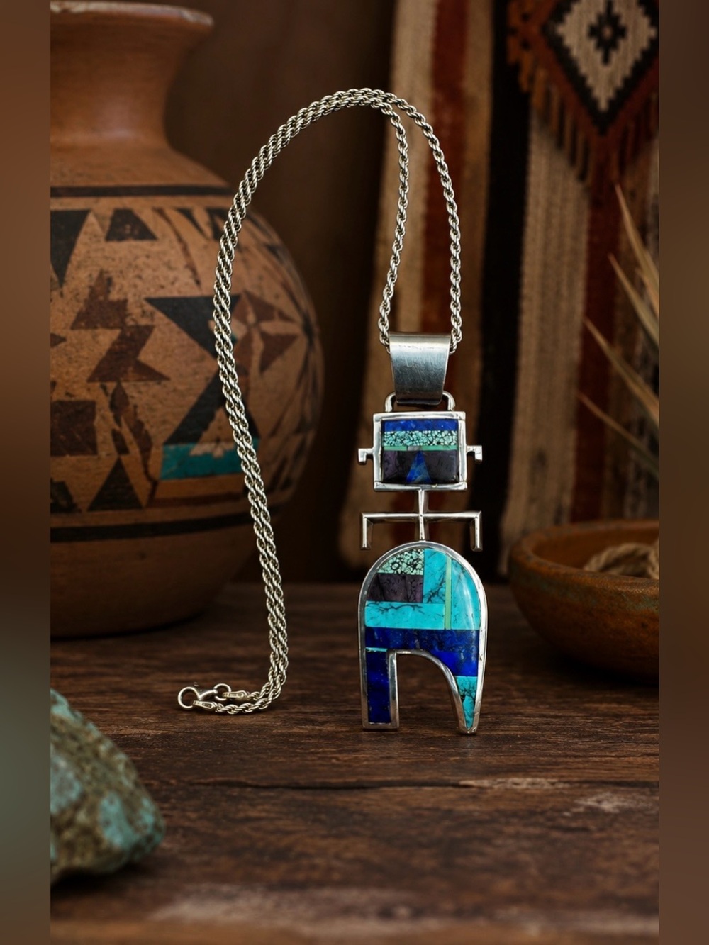Native American Navajo Sterling Silver Turquoise Multi Stone Inlay Yei Necklace